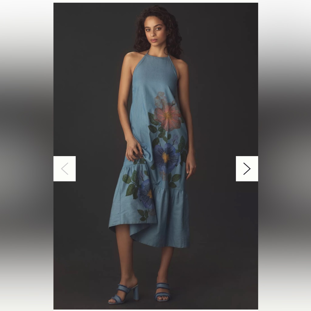 New Anthropologie Pilcro Halter Denim Embroidered Midi Floral Smocked Dress M